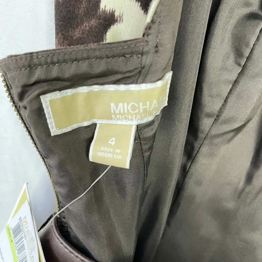 NEW Michael Kors Size 4 Brown Ivory Belted Cut Out Zip Cotton Blend Dress $150